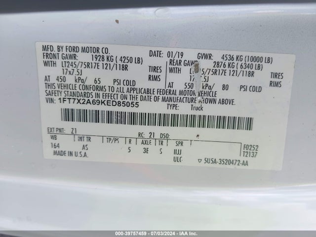 Ford F-250 Xl 2019 1FT7X2A69KED85055 Image 9