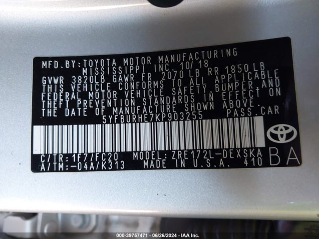 Toyota COROLLA SE 2019 5YFBURHE7KP903255 Image 9