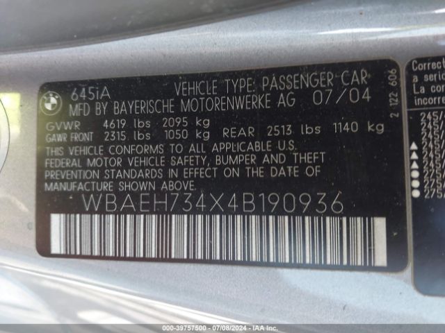 2004 BMW 645CI WBAEH734X4B190936 Photo 8