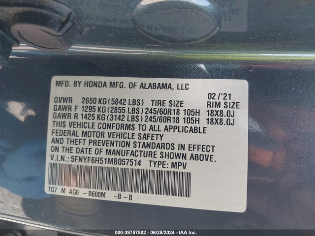 Honda Pilot Awd Ex-l 2021 5FNYF6H51MB057514 Image 9