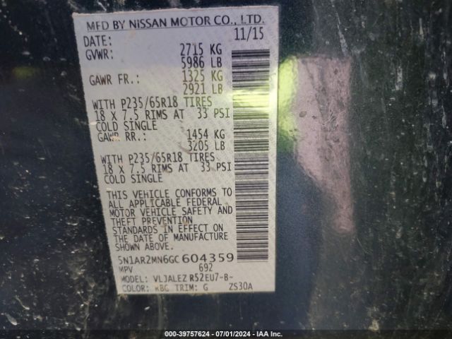 5N1AR2MN6GC604359 Nissan Pathfinder Platinum/s/sl/sv