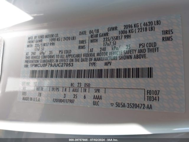 1FMCU0F79JUC27053 Ford ESCAPE S