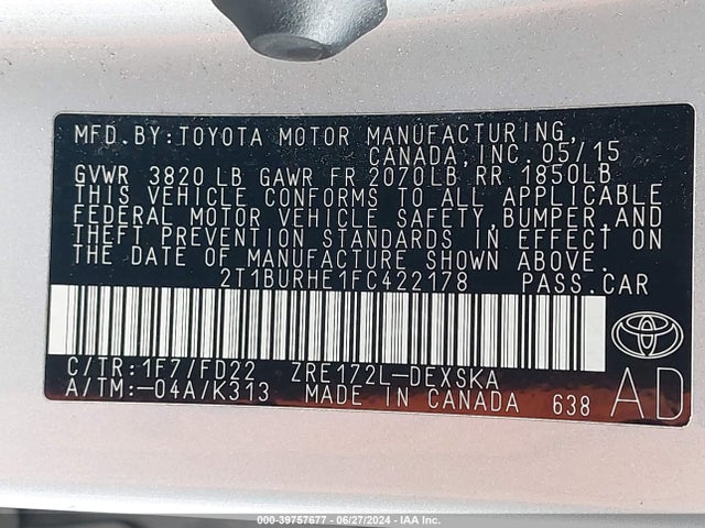 Toyota Corolla S Plus 2015 2T1BURHE1FC422178 Image 9
