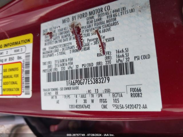 1FA6P0G77E5383279 Ford FUSION S