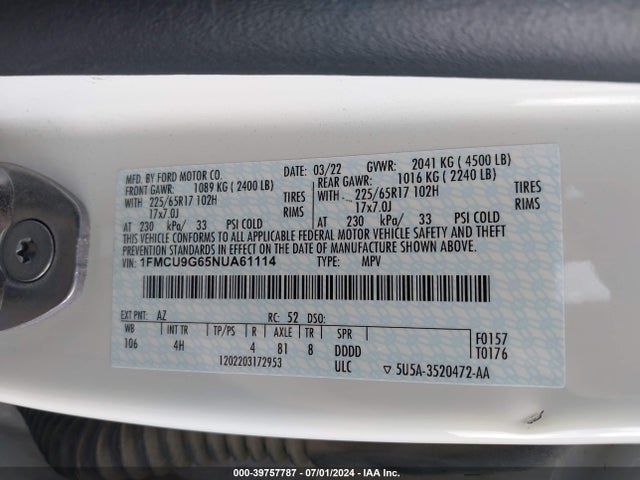 Ford ESCAPE SE 2022 1FMCU9G65NUA61114 Image 9