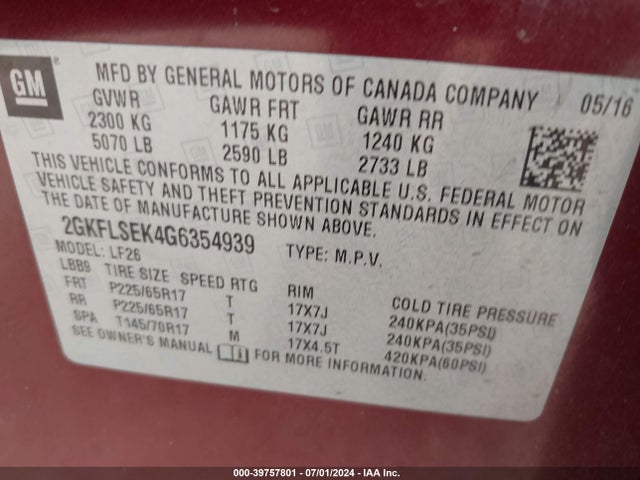 GMC Terrain Sle-1 2016 2GKFLSEK4G6354939 Image 9