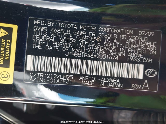 Aukcja sprzedaży 2010 Lexus Hs 250h Premium, vin: JTHBB1BA8A2001674, numer aukcji: 39757810