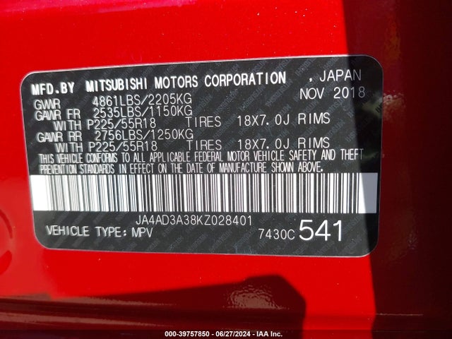 2019 MITSUBISHI OUTLANDER JA4AD3A38KZ028401 Photo 8