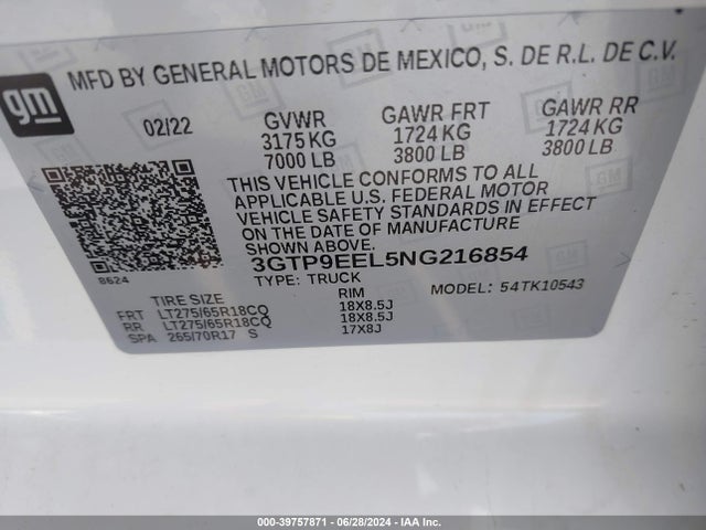 3GTP9EEL5NG216854 GMC Sierra 1500 Limited 4wd  Short Box At4