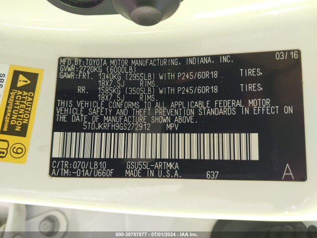 Toyota Highlander Xle V6 2016 5TDJKRFH9GS272912 Image 9