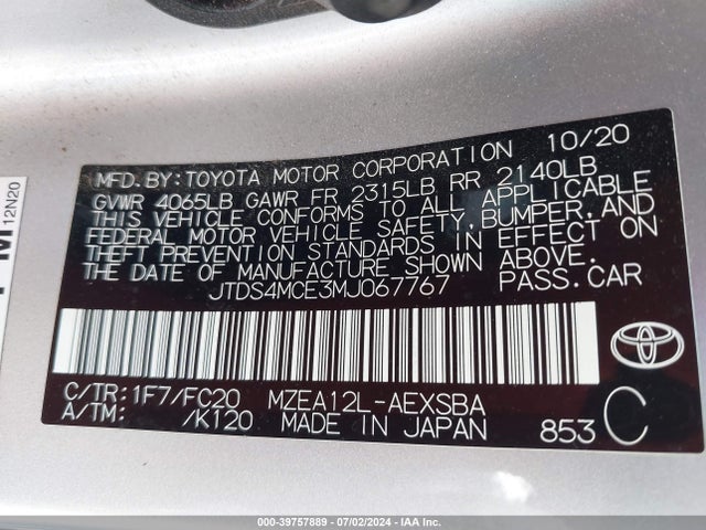 Toyota COROLLA SE 2021 JTDS4MCE3MJ067767 Image 9