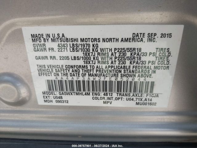 4A4AP3AW2FE052044 Mitsubishi Outlander Sport Es