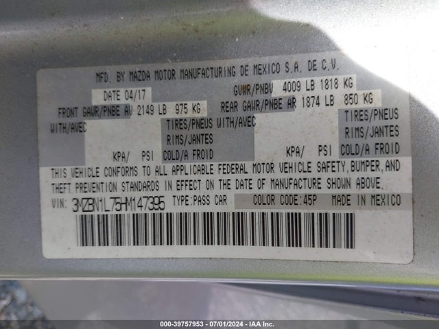 3MZBN1L75HM147395 Mazda Mazda3 Touring