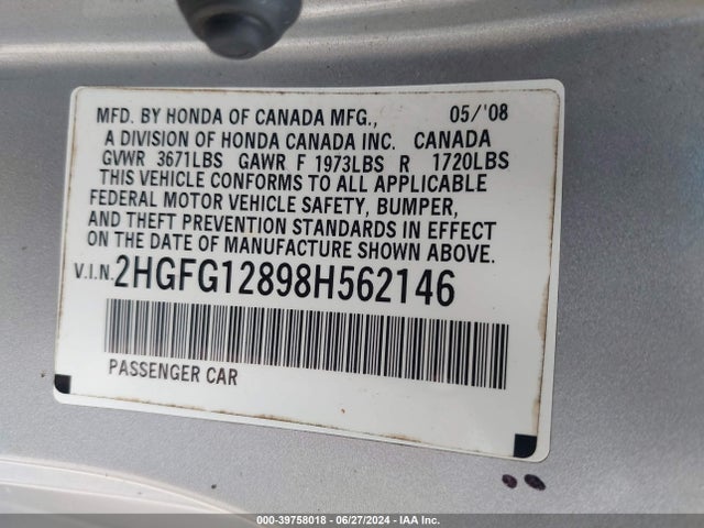 39758018 :رقم المزاد ، 2HGFG12898H562146 vin ، 2008 Honda Civic Ex مزاد بيع