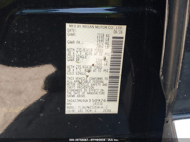 Nissan MURANO S 2016 5N1AZ2MG4GN150926 Image 9