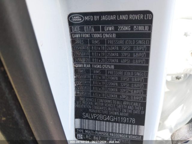 SALVP2BG4GH119178 Land Rover Range Rover Evoque Se/se Premium