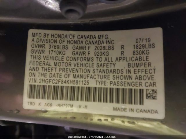 2HGFC2F84KH581125 Honda Civic Sport