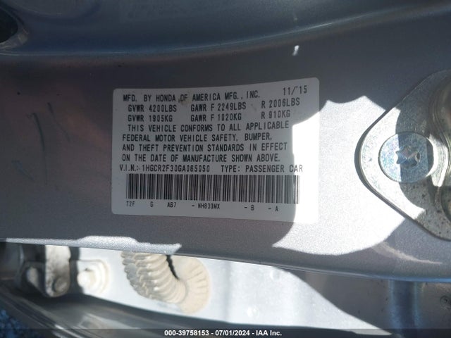 Honda ACCORD LX 2016 1HGCR2F30GA065050 Image 9