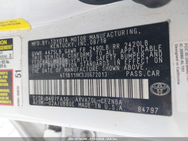 4T1B11HK3JU672013 Toyota CAMRY LE