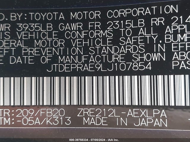 Toyota COROLLA LE 2020 JTDEPRAE9LJ107854 Image 9