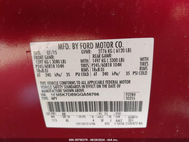 Ford EXPLORER XLT 2016 1FM5K7D89GGA56766 Image 9
