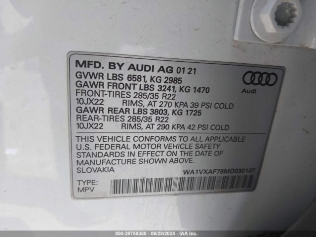 WA1VXAF78MD030187 Audi Q7 Prestige 55 Tfsi Quattro Tiptronic