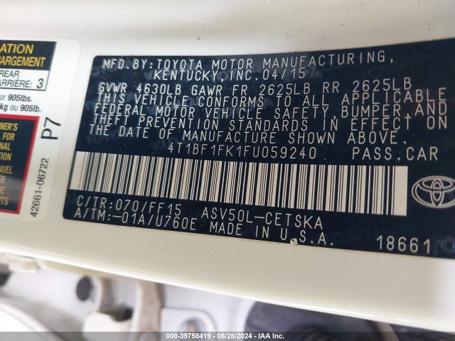 Toyota CAMRY SE 2015 4T1BF1FK1FU059240 Image 9