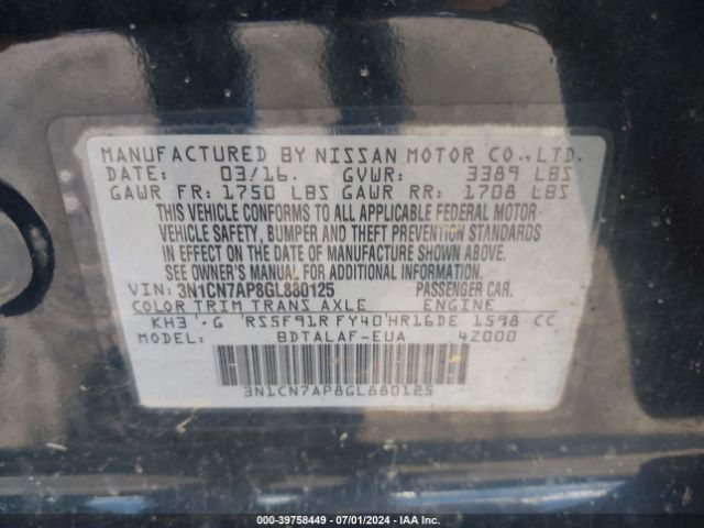 3N1CN7AP8GL880125 Nissan Versa 1.6 S