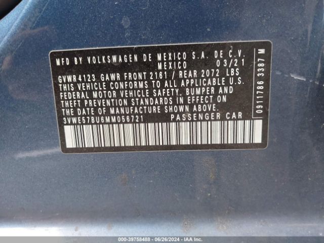 3VWE57BU6MM056721 Volkswagen Jetta 1.4t Sel