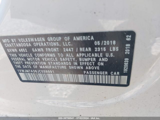 1VWJM7A36JC039991 Volkswagen Passat 3.6l V6 Gt