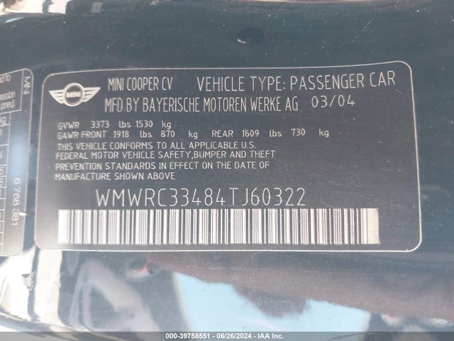 2004 MINI COOPER WMWRC33484TJ60322 Photo 8