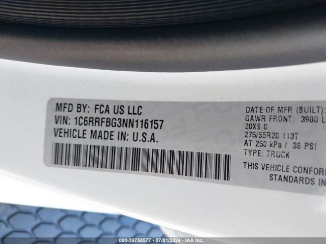 1C6RRFBG3NN116157 RAM 1500 Big Horn Quad Cab 4x4 6'4 Box