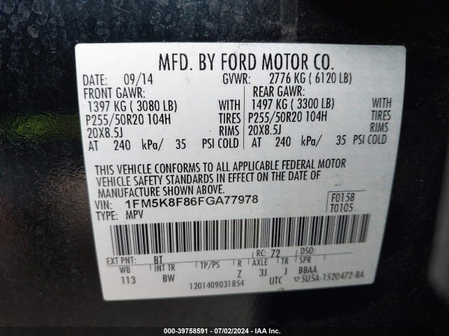 Ford Explorer Limited 2015 1FM5K8F86FGA77978 Image 9