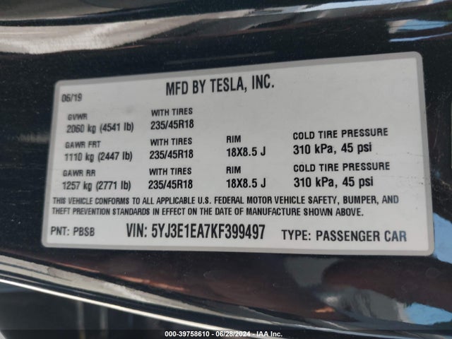Tesla Model 3 Long Range/mid Range/standard Range/standard Range Plus 2019 5YJ3E1EA7KF399497 Image 9