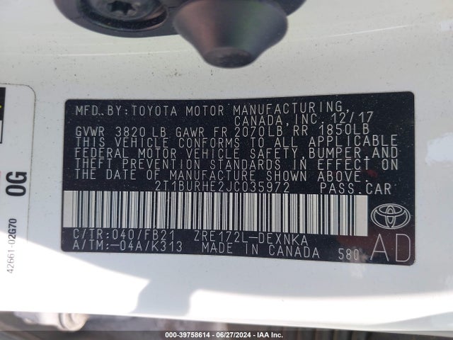 Toyota COROLLA LE 2018 2T1BURHE2JC035972 Image 9