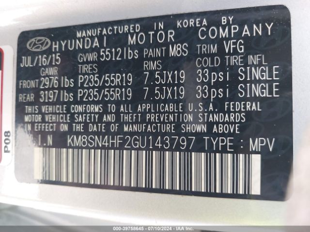 KM8SN4HF2GU143797 Hyundai Santa Fe Se