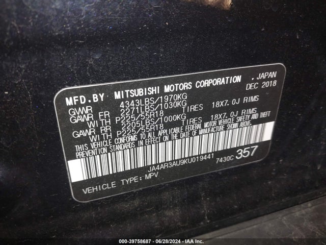 JA4AR3AU9KU019441 Mitsubishi Outlander Sport 2.0 Le