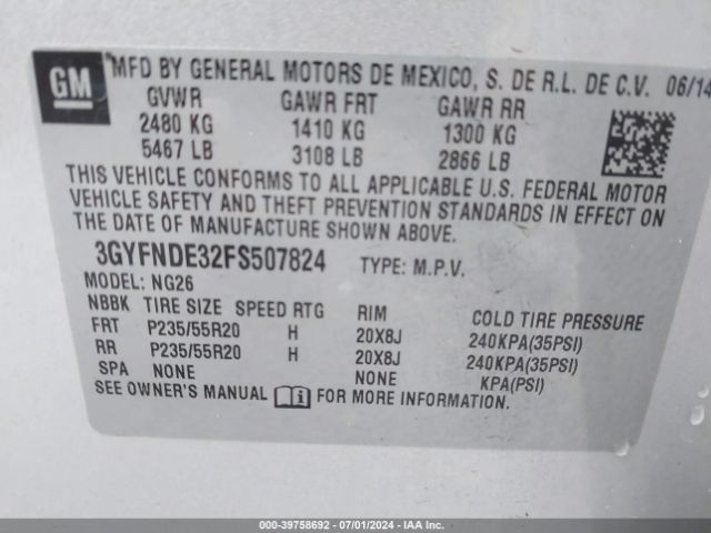 3GYFNDE32FS507824 Cadillac Srx Premium Collection