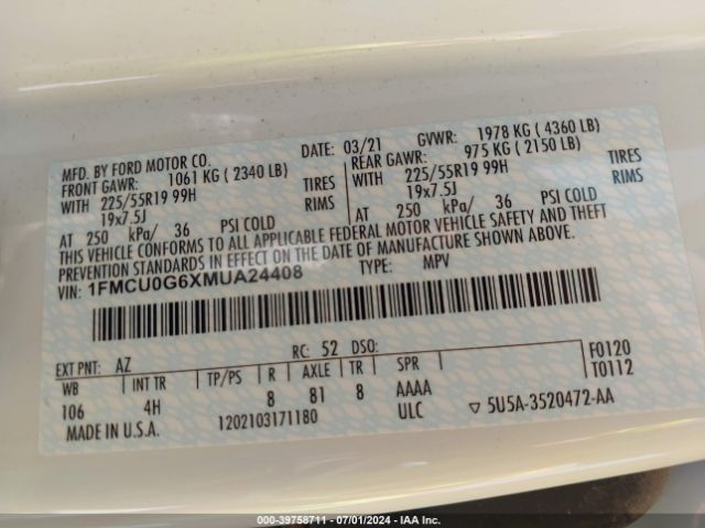 2021 FORD ESCAPE 1FMCU0G6XMUA24408 Photo 8