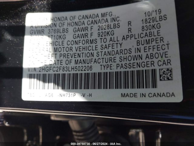 2HGFC2F83LH502206 Honda Civic Sport