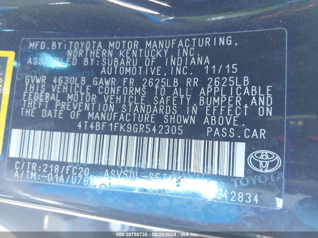 Toyota CAMRY LE 2016 4T4BF1FK9GR542305 Image 9