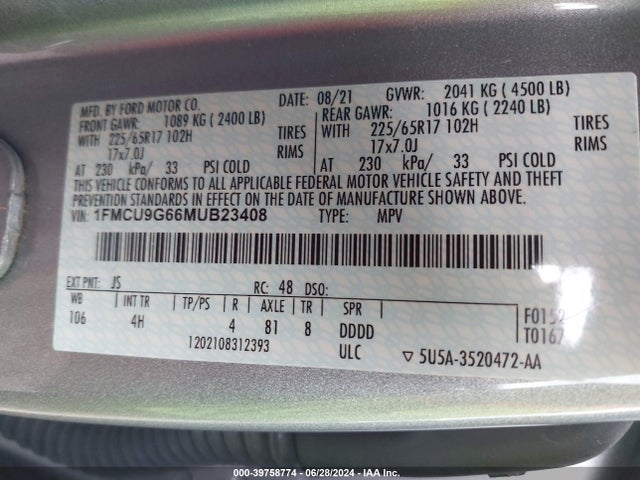 Ford ESCAPE SE 2021 1FMCU9G66MUB23408 Image 9