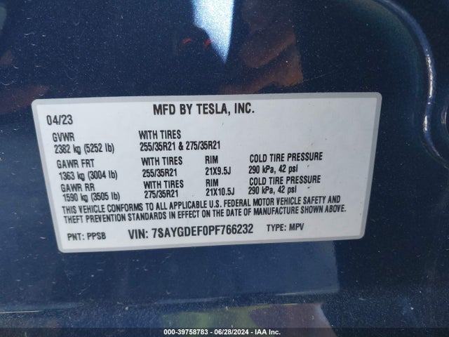 7SAYGDEF0PF766232 Tesla Model Y Awd/performance Dual Motor All-wheel Drive