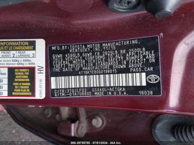 Toyota Avalon Xle Plus 2016 4T1BK1EB0GU198015 Image 9