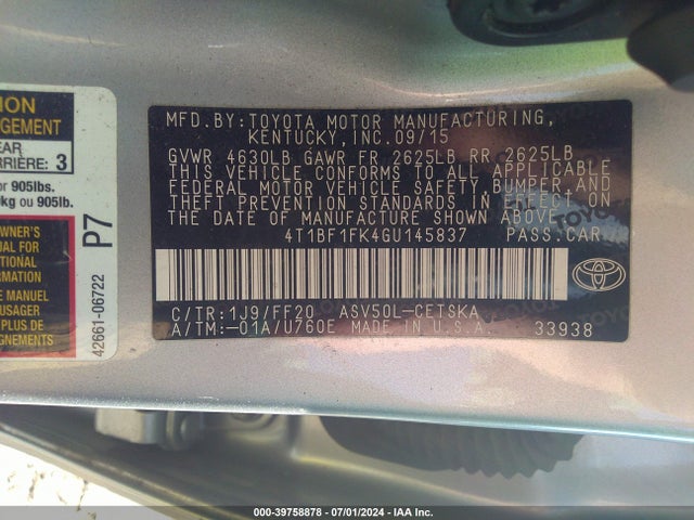 Toyota CAMRY SE 2016 4T1BF1FK4GU145837 Image 9