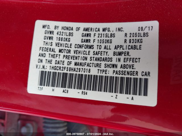 1HGCR2F59HA297018 Honda Accord Sport