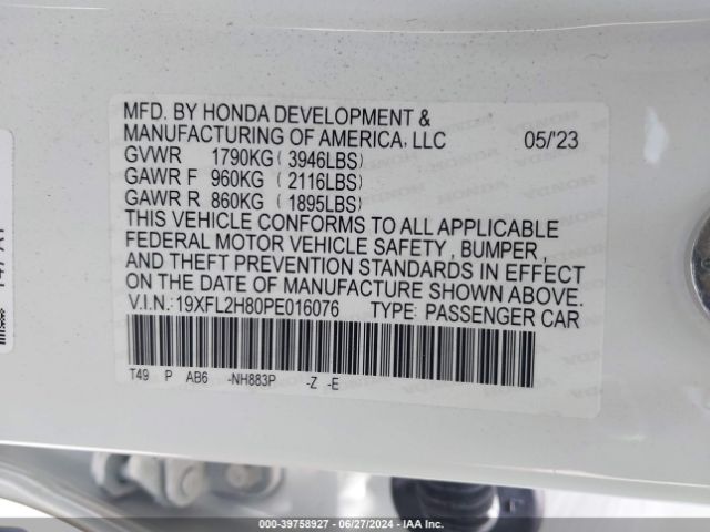 19XFL2H80PE016076 Honda Civic Sport