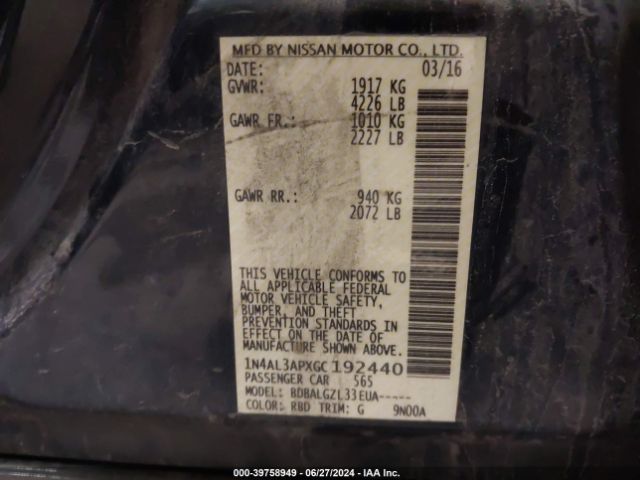 1N4AL3APXGC192440 Nissan Altima 2.5/2.5 S/2.5 Sl/2.5 Sr/2.5 Sv