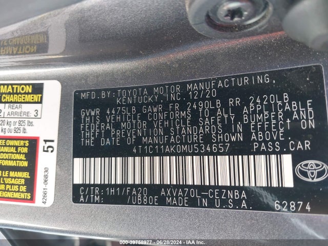 Toyota CAMRY LE 2021 4T1C11AK0MU534657 Image 9