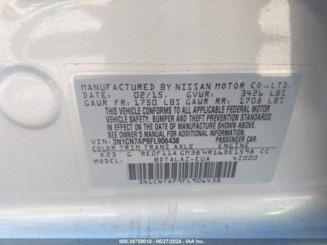 3N1CN7AP9FL906438 Nissan Versa 1.6 S+